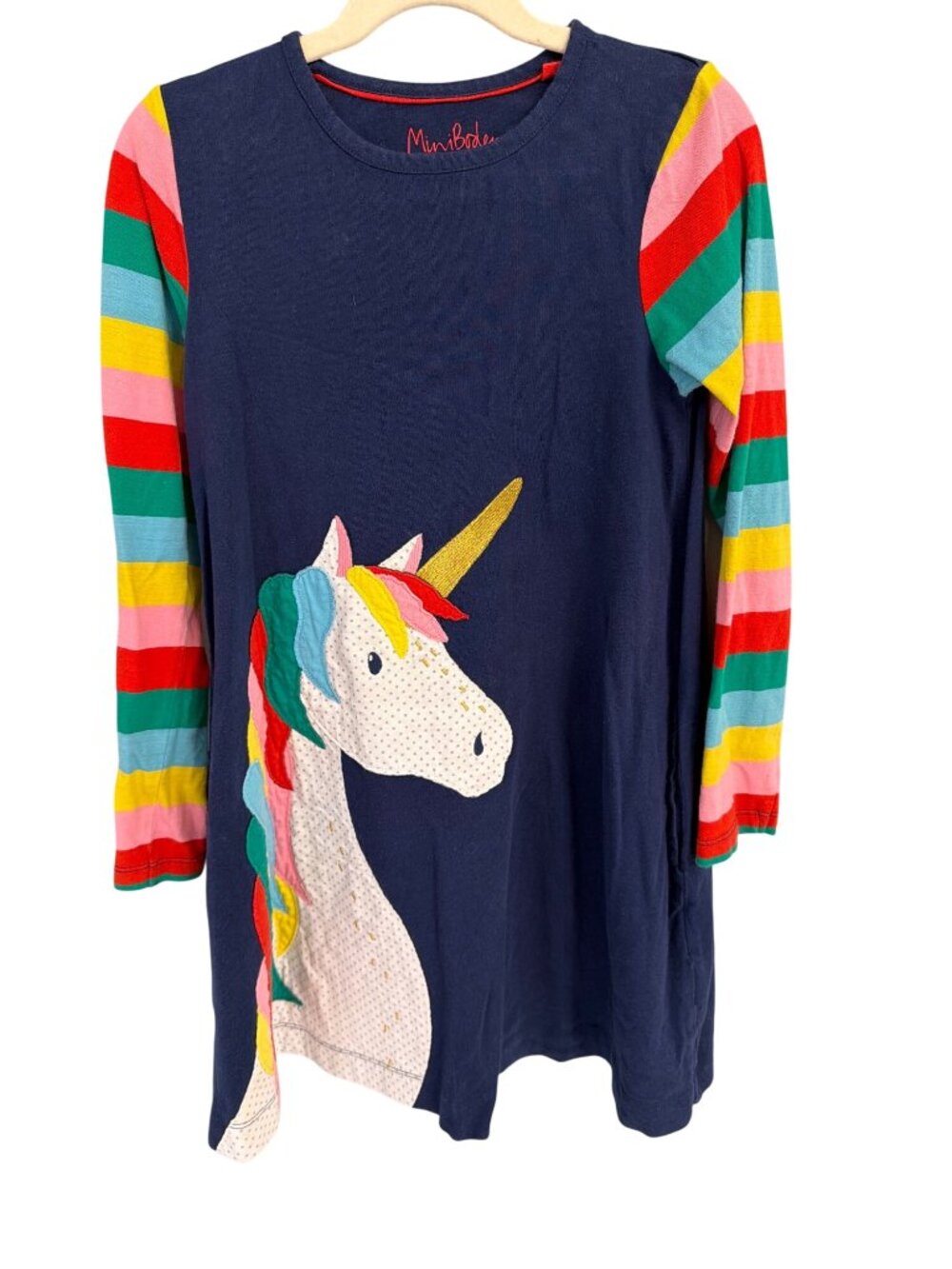Mini Boden Girls Navy Unicorn Dress With Rainbow Stripe Sleeves Size 7-8Y 128cm